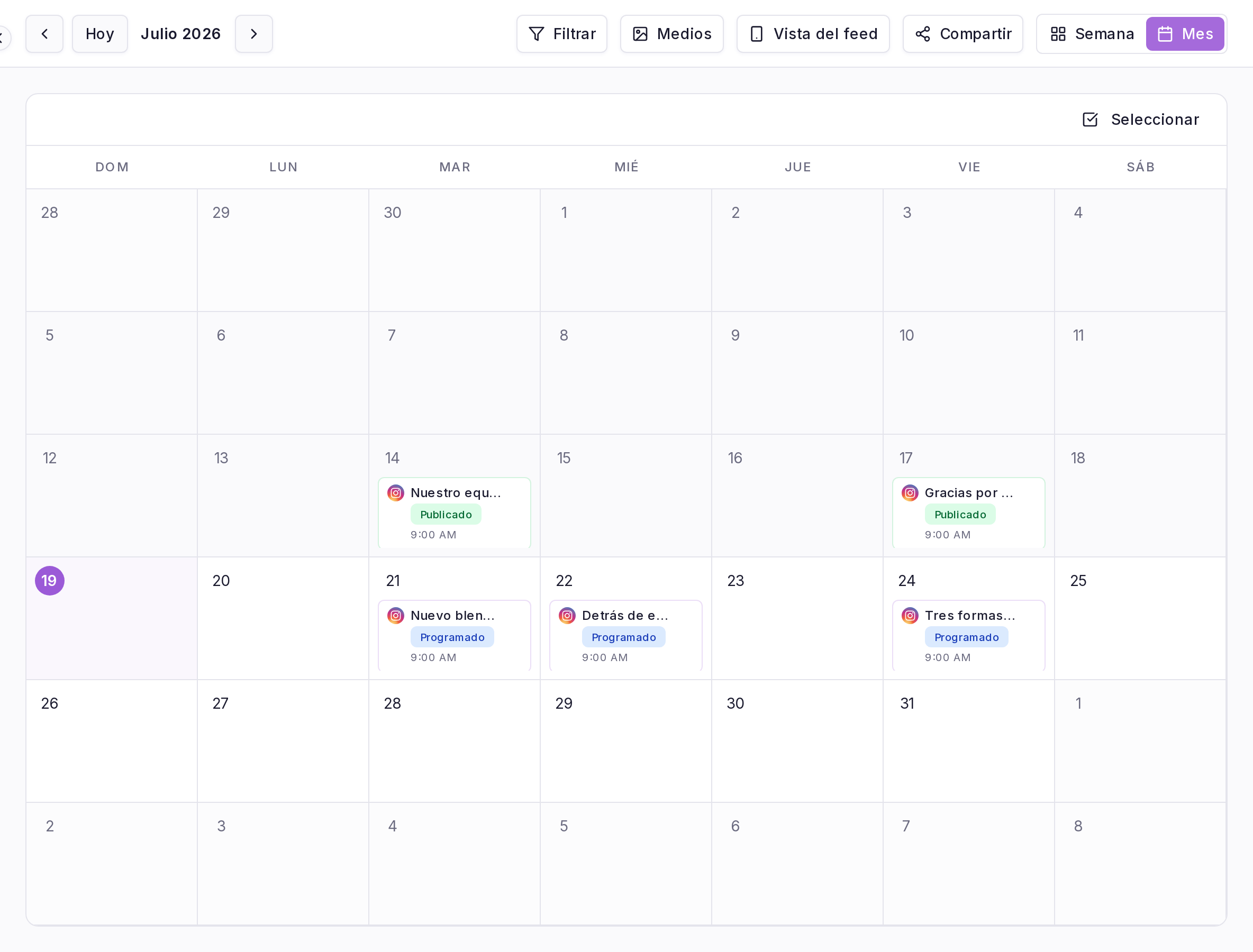 Calendario de contenido de Planer en vista mensual, con publicaciones programadas y publicadas